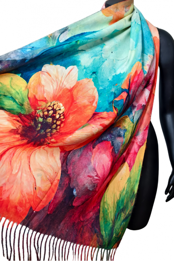 Elegantný viskózový šál s kvetmi - tyrkysový